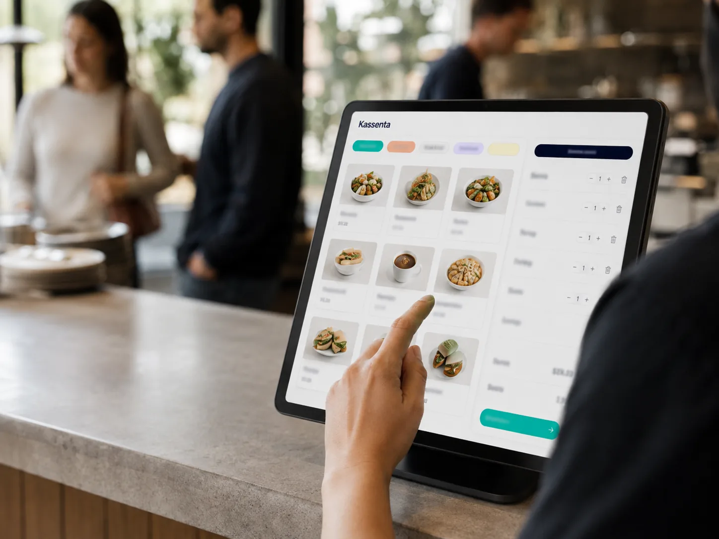 The Kassenta product grid and cart during a busy service
