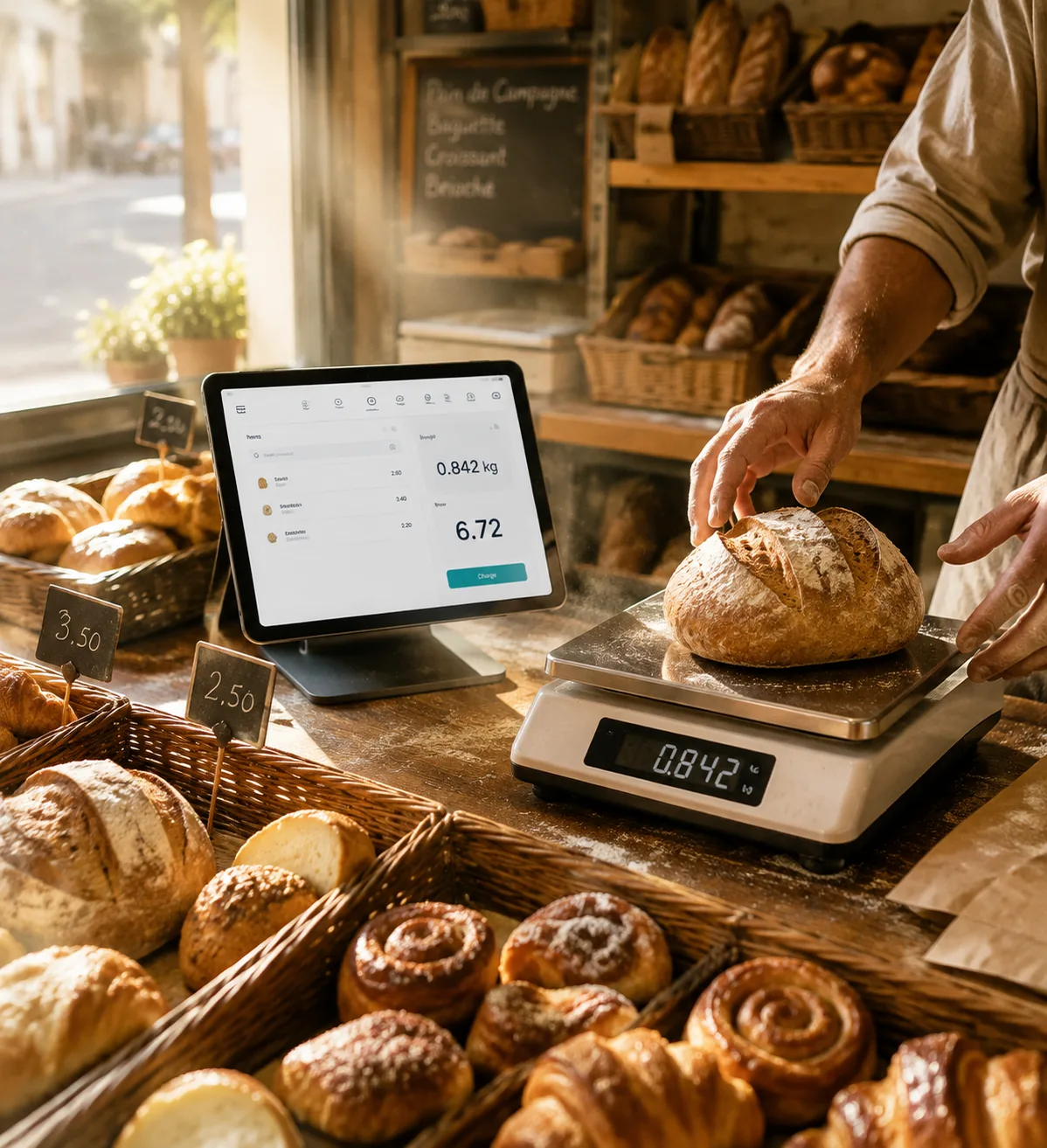 Bakery counter with weight-based pricing in Kassenta