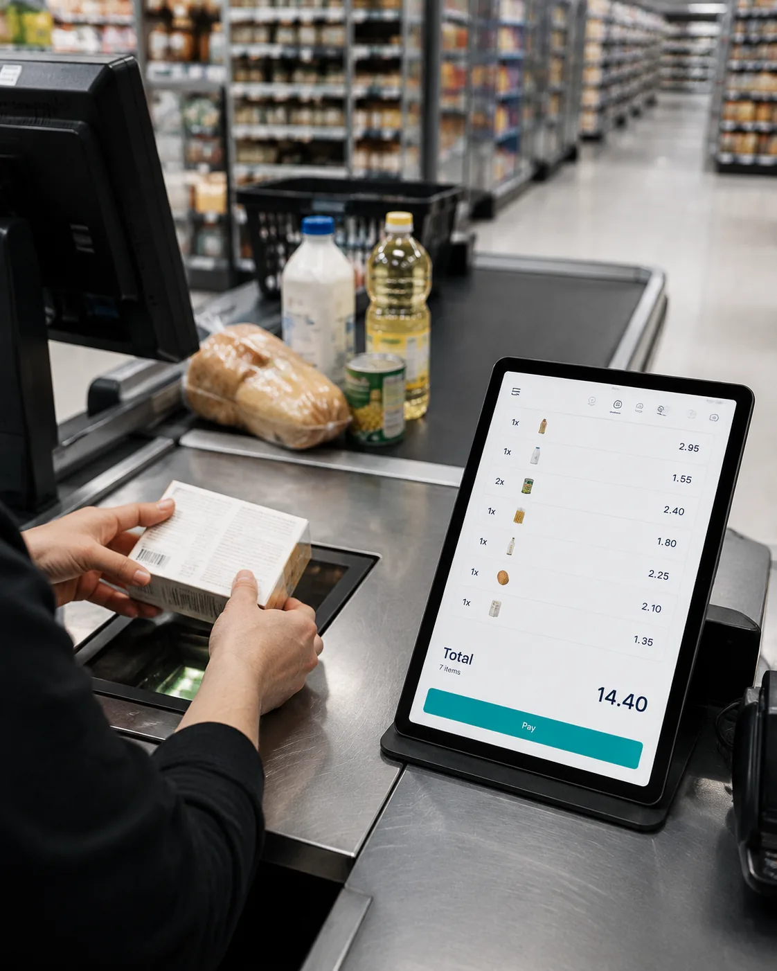 Supermarket checkout with barcode scanning in Kassenta